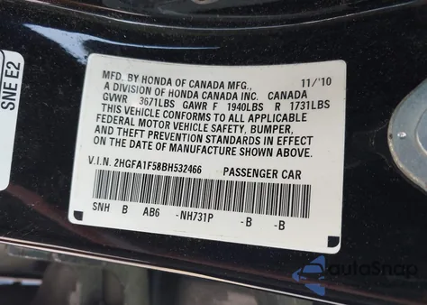 2011 Honda Civic Lx z USA, uszkodzony, nr VIN 2HGFA1F58BH532466